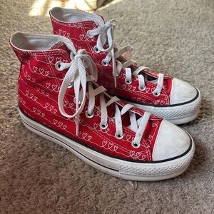 Converse Red and White Heart Pattern High Tops